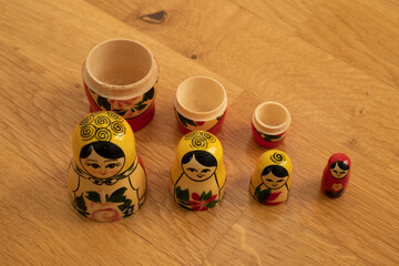 Set of traditional Russian wooden babushka dolls - matrioshka. Stacking or nested doll typical to...