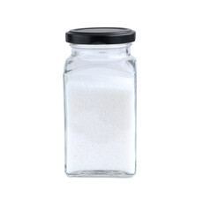 Glass jar with sugar. Glass jar with black lid isolated on a white background