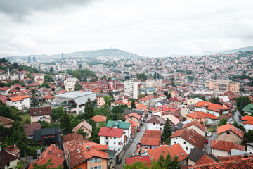 Fototapeta na wymiar Panorama view of capital city of Bosnia and Herzegovina, Sarajevo in foggy weather.
