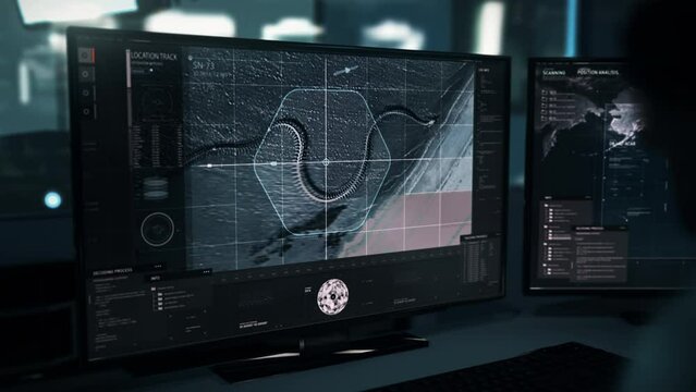 Surveillance Drone Scan Of Giant Snake Skeleton Location Target. Modern Scanning Drone Device Tracks Dangerous Cryptid Location. Advanced Location Scanning Drone Interface. Sci-Fi Scanner