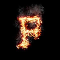 Letter F burning in fire with smoke, digital art isolated on black background, a letter from alphabet set