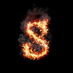 Letter S burning in fire with smoke, digital art isolated on black background, a letter from alphabet set