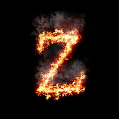 Fototapeta na wymiar Letter z burning in fire with smoke, digital art isolated on black background, a letter from alphabet set