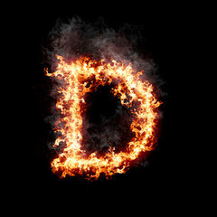 Fototapeta premium Letter D burning in fire with smoke, digital art isolated on black background, a letter from alphabet set