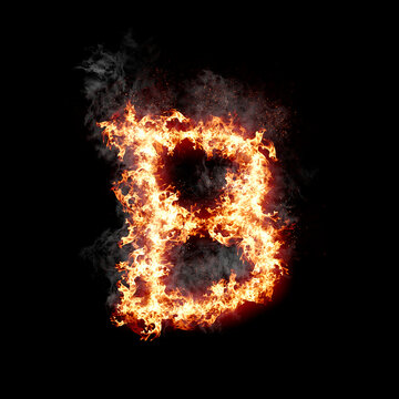 Letter B burning in fire with smoke, digital art isolated on black background, a letter from alphabet set