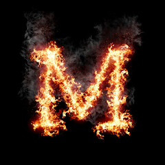 Fototapeta na wymiar Letter M burning in fire with smoke, digital art isolated on black background, a letter from alphabet set