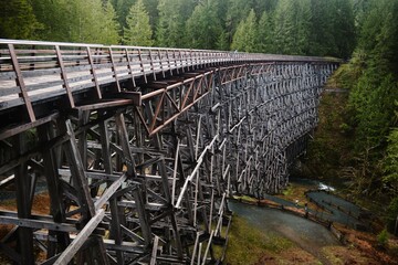 Wooden old trestle bridge on Vancouver Island. Kinsol trestle bridge. British Columbia. Canada