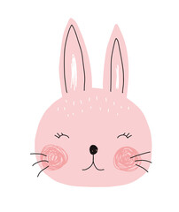Cute Hand Drawn Pink Rabbit Vector Illustration. Lovely Nursery Art with Funny Bunny  Isolated on a White Background. Kids Room Decoration. Dreamy Rabbit Head. Easter Bunny.