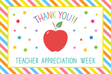 Teacher appreciation week concept. Text Thank you, stars, red apple in white frame on colorful striped  background. 
