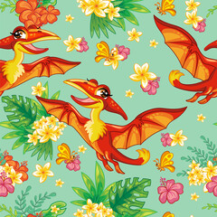 Seamless tropical pattern with cute pterodactyl vector