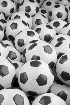 Black and white soccer balls background. 3d illustration.