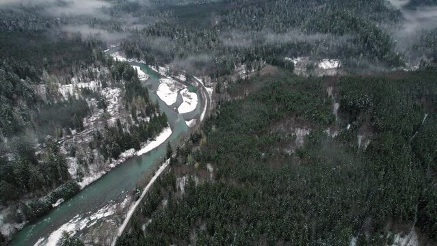 Breathtaking Aerial of Mountain Loop Highway in Winter Season