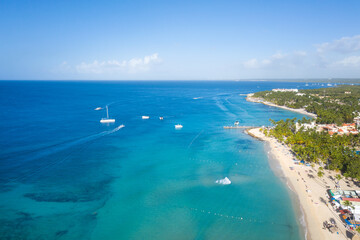 Dominicus beach at Bayahibe with Caribbean sea sandy seashore. Aerial view