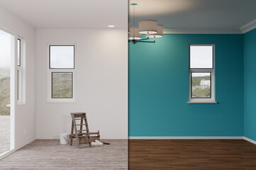 Unfinished Raw and Newly Remodeled Room of House Before and After with Wood Floors, Moulding, Rich...