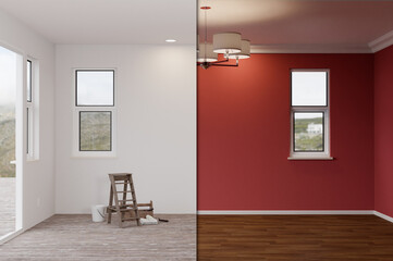 Unfinished Raw and Newly Remodeled Room of House Before and After with Wood Floors, Moulding, Dark Red Paint and Ceiling Lights.