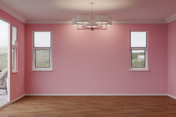 Newly Remodeled Room of House with Wood Floors, Moulding, Light Bubble Gum Pink Paint and Ceiling Lights..