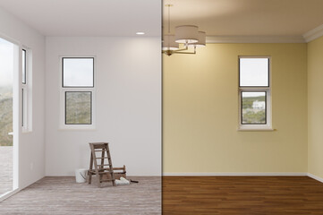 Unfinished Raw and Newly Remodeled Room of House Before and After with Wood Floors, Moulding, Light Yellow Paint and Ceiling Lights.