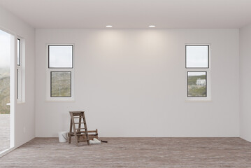 Ladder and Painting Equipment In Raw Unfinished Room of House with Blank White Walls and Worn Wood...