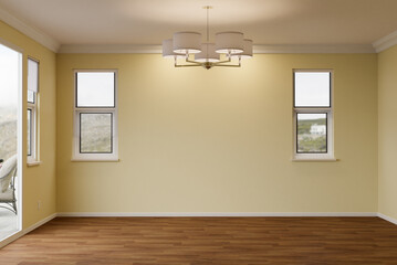 Newly Remodeled Room of House with Wood Floors, Moulding, Light Yellow Paint and Ceiling Lights..