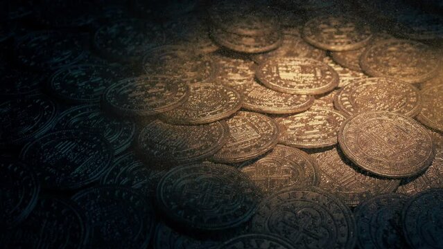 Torch Lights Pile Of Gold Coins With Swirling Dust