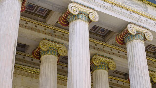 Row of classical Greek columns in classic original colors