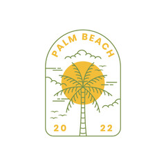 Palm tree with beach in line art style, beach logo vector illustration design template inspiration