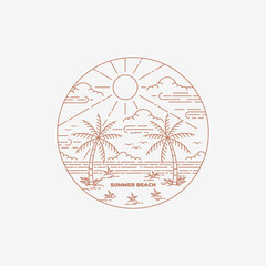 Summer on tropical beach with line art style design vector illustration, badge of tropical island monoline style design inspiration