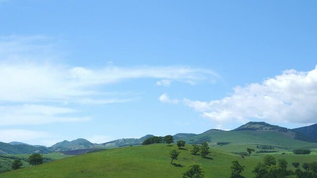 Clear blue sky, vast meadows and ranch.