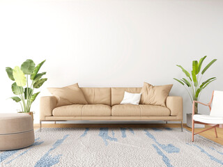 Wall mockup with beige sofa and complete interior decoration. 3d illustration, interior design, 3d rendering