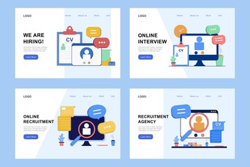Fototapeta na wymiar Recruitment agency landing page template set. Online job interview, hiring employment process, choosing candidate, searching job concept. CV, resume and vacant. 3D vector illustration for web banner.