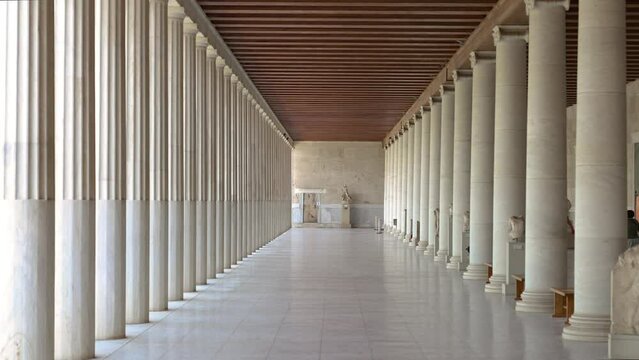 Ionic colonnade from inside Stoa of Attalos, in Ancient Agora of Athens, Greece
