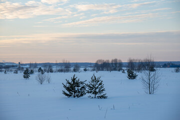 Naklejka premium Winter evening landscape, beautiful view of the countryside. Sunset sky over the horizon.