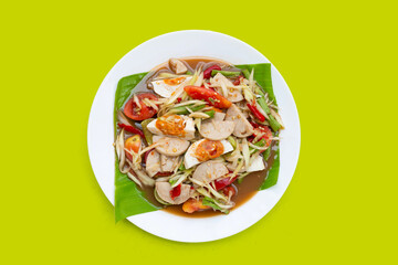 Spicy papaya salad with salted egg and vietnamese pork sausage