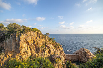 Scenic sea view on a sunny day. Bright greenery and azure sea. Mediterranean Sea, Costa Brava, Spain.