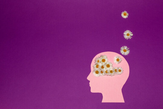 pink paper head with daisy flower instead of brain part of the flower separates and flies out of the head, creative concept of how thoughts come out of the head and ideas bloom, purple copy space