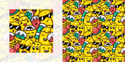 Cute monsters having ice cream and popsicles with watermelon in summer seamless doodle pattern | Pattern swatch included
