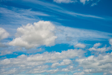 Smooth white clouds on clear blue sky background and copy space. Outdoor nature or save the earth concept