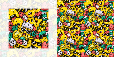 Cute monsters having ice cream and fruits in summer seamless doodle pattern | Pattern swatch included