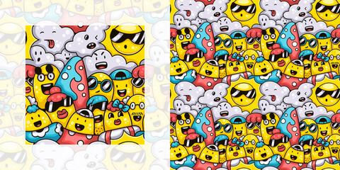 Cute monster family at hot and sunny summer beach seamless doodle pattern | Pattern swatch included
