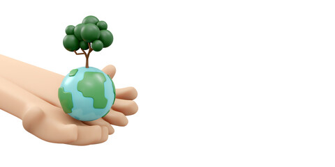 3D Rendering of hand holding earth and tree icon concept of World Environment Day background, banner, card, poster. 3D Render illustration cartoon style.