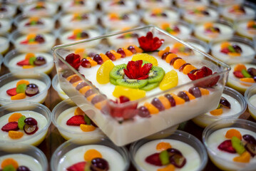 Delicious and fresh fruit puddings on the table
