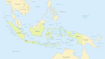Indonesia map detailed with neighboring states, islands with names, classic maps design vector