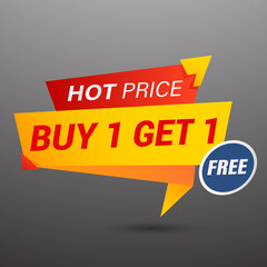 Buy 1 Get 1 Free, sale tag, banner design template, discount app icon. EPS 10.