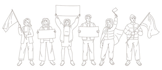 Obraz premium People at rally set. Person hold flag, banner and poster no war in Ukraine. Protesting young men and women take part political meeting. Protest, parade against warfare. Flat design illustration