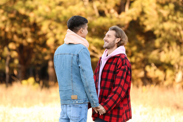 Happy gay couple holding hands outdoors on autumn day
