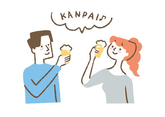 ビールで乾杯する男女_色