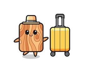 plank wood cartoon illustration with luggage on vacation