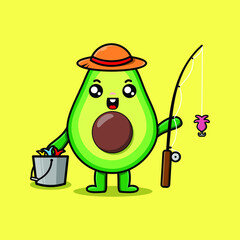 Cute cartoon avocado ready fishing wearing fishing equipment cartoon character in concept 3d cartoon style