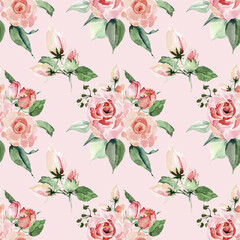 Pink rose flowers on bright pink background for print. Floral seamless pattern.