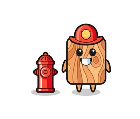 Mascot character of plank wood as a firefighter